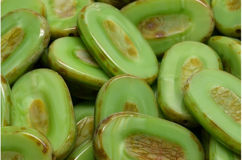 OUTLET 10 grams Table Cut Flat Oval Beads, 26 x 15 mm, Opaque Green Travertin (54010-86800), Glass, Czech Republic