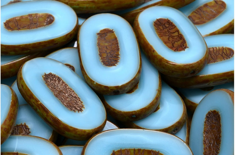 OUTLET 10 grams Table Cut Flat Oval Beads, 26 x 15 mm, Turquise Travertin (64000-86800), Glass, Czech Republic