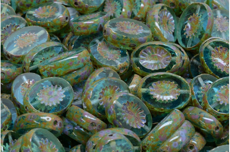 Table Cut Kiwi Beads, Transparent Aqua Travertin (60010-86800), Glass, Czech Republic