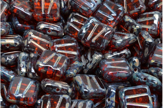 Table Cut Square Designed Beads, Transparent Orange Picasso (90030-43400), Glass, Czech Republic