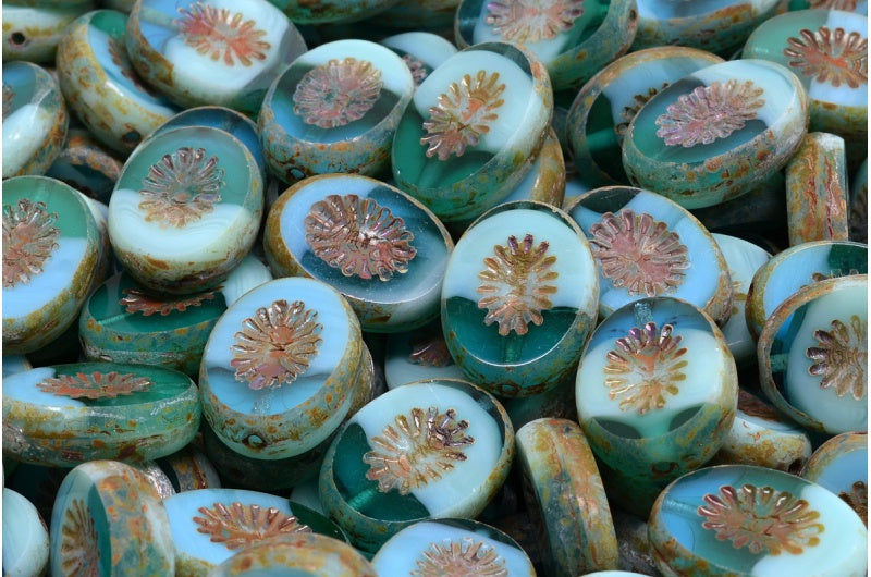 Table Cut Kiwi Beads, Green Opal Mixed Travertin (56660-86800), Glass, Czech Republic