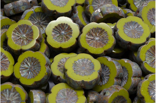 OUTLET 10克 桌面切割夏威夷花珠，14 x 14毫米，不透明绿色毕加索（53400-43400），玻璃，捷克共和国