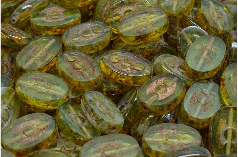 Table Cut 3 Dots Designed Beads, Transparent Green Travertin (50200-86800), Glass, Czech Republic