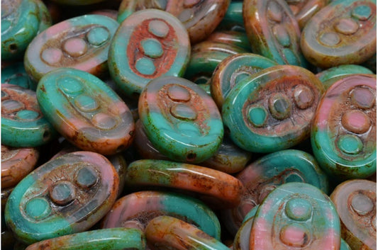 Table Cut 3 Dots Designed Beads, Turquise Opaque Pink Travertin (63140-74020-86800), Glass, Czech Republic