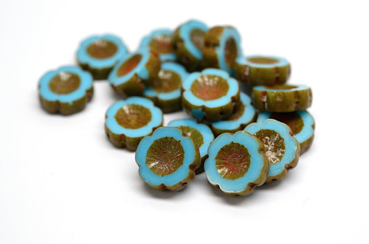 OUTLET 10克 桌面切割夏威夷花珠，14 x 14毫米，蓝色洞石（63020-86800），玻璃，捷克共和国