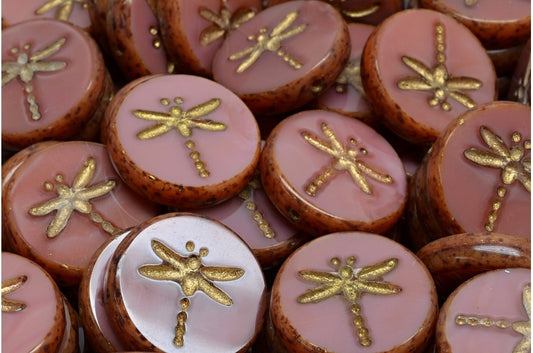 Table Cut Dragonfly Beads, Opaque Pink Travertin Gold Lined (74020-86800-54302), Glass, Czech Republic