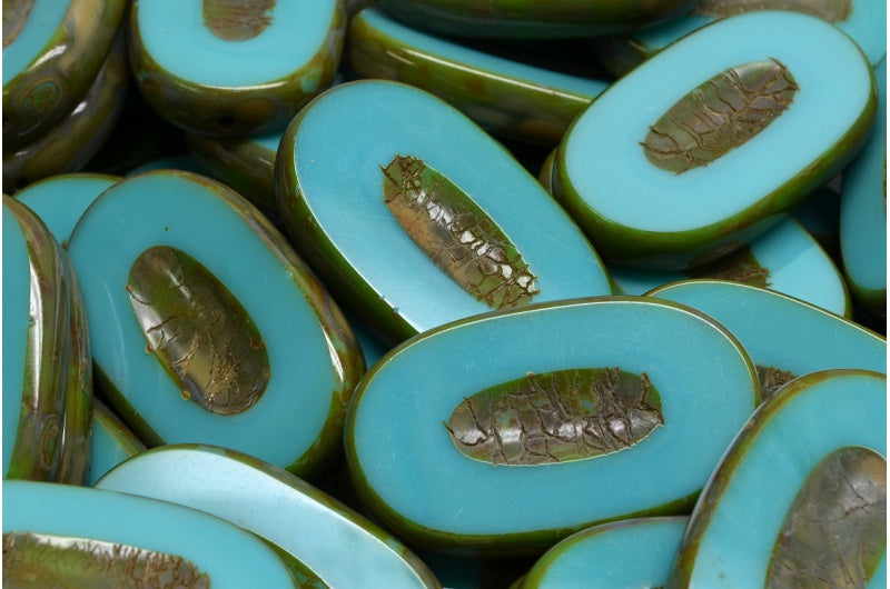 OUTLET 10 grams Table Cut Flat Oval Beads, 26 x 15 mm, Turquise Stain Strong (63140-86805), Glass, Czech Republic