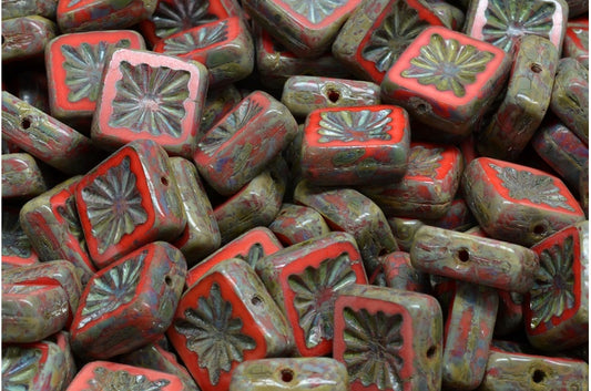 奥特莱斯 10克方形猕猴桃珠，10 x 10毫米，红色石灰华 (93400-86800)，玻璃，捷克共和国