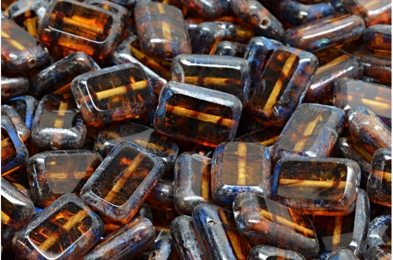 Table Cut Rectangle Beads, Orange With Brown Lines Travertin (18016-86800), Glass, Czech Republic