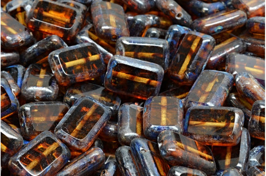 Table Cut Rectangle Beads, Orange With Brown Lines Travertin (18016-86800), Glass, Czech Republic