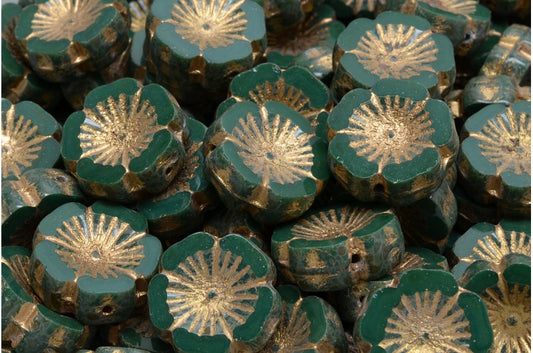 夏威夷花形桌切珠，不透明绿色石灰华镀金 (53240-86800-54302)，玻璃，捷克共和国