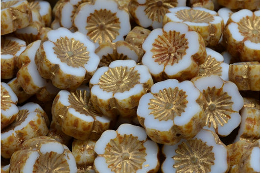 アウトレット 10グラム テーブルカットハワイフラワービーズ、14 x 14 mm、チョークホワイトトラバーチンゴールドライン（03000-86800-54302）、ガラス、チェコ共和国