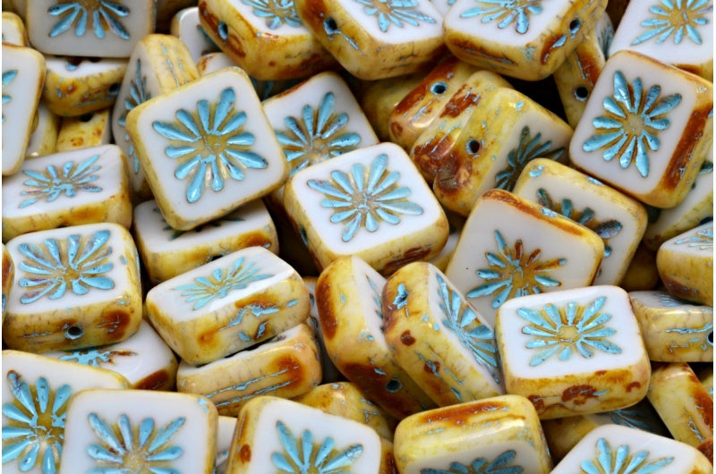 OUTLET 10 grams Table Cut Square Kiwi Beads, 10 x 10 mm, Chalk White Travertin Light Blue Lined (03000-86800-54308), Glass, Czech Republic