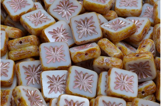 Table Cut Square Kiwi Beads, Chalk White Travertin Pink Lined (03000-86800-54321), Glass, Czech Republic