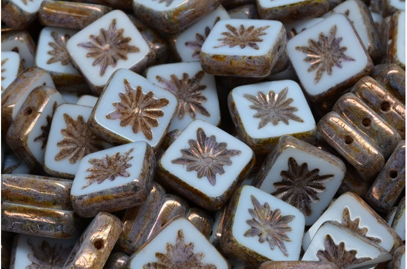 OUTLET 10 grams Table Cut Square Kiwi Beads, 10 x 10 mm, Chalk White Stain With Luster Violet (03000-65426), Glass, Czech Republic