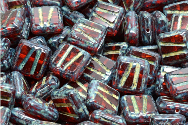 Table Cut Square Designed Beads, Transparent Orange Travertin (90030-86800), Glass, Czech Republic