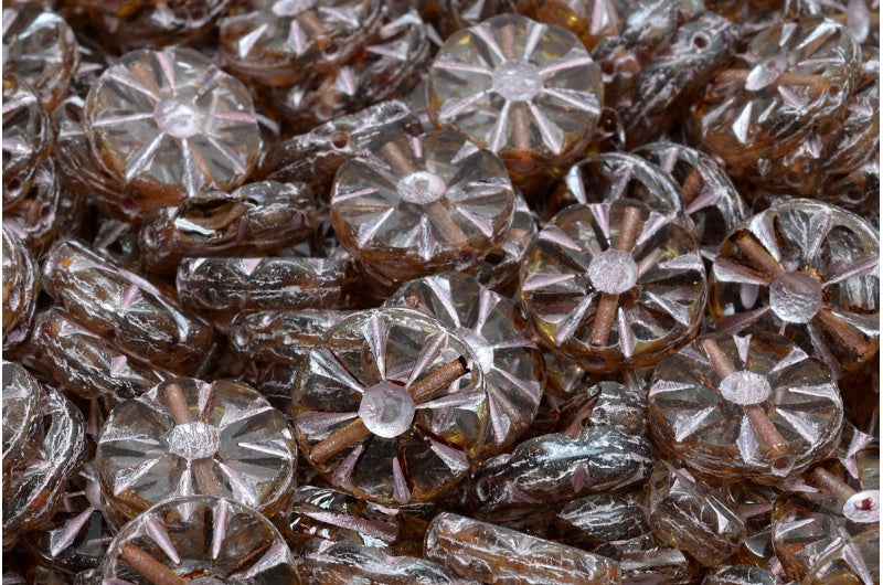 Table Cut Polished Sunflower Beads, Crystal Travertin Pink Lined (00030-86800-54321), Glass, Czech Republic