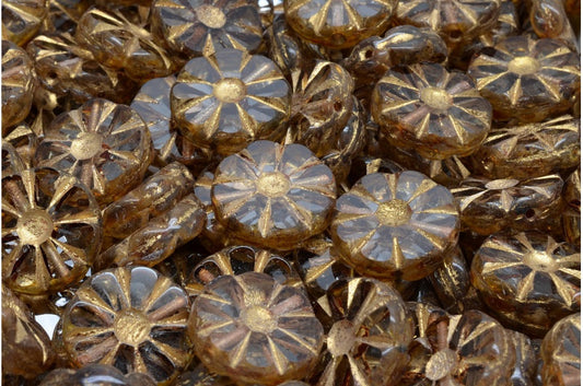 OUTLET 10 grams Table Cut Polished Sunflower Beads, 12 x 12 mm, Crystal Travertin Gold Lined (00030-86800-54302), Glass, Czech Republic