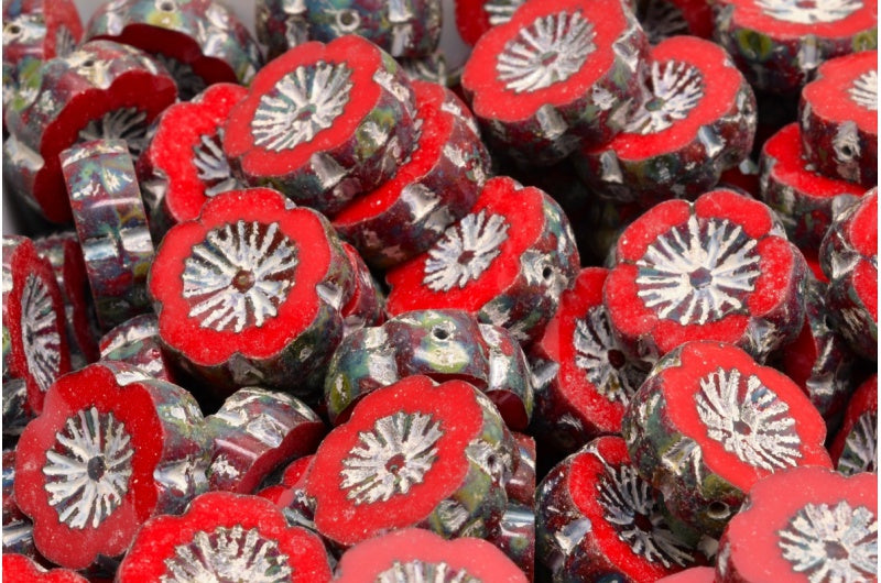 OUTLET 10 grams Table Cut Hawaii Flower Beads, 14 x 14 mm, Opaque Red Travertin White Lined (93200-86800-54312), Glass, Czech Republic