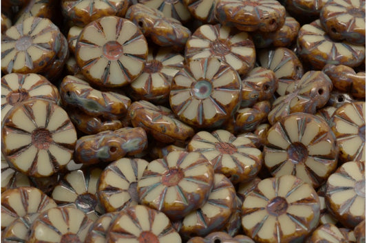 台面切割抛光向日葵珠，不透明米色洞石（13010-86800），玻璃，捷克共和国