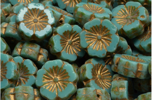 Table Cut Hawaii Flower Beads, Turquoise Travertin Gold Lined (63130-86800-54302), Glass, Czech Republic