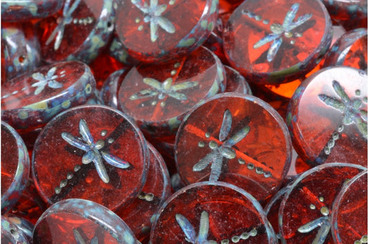 OUTLET 10 grams Table Cut Dragonfly Beads, 17 x 17 mm, Transparent Red Travertin (90060-86800), Glass, Czech Republic