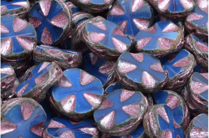 奥特莱斯 10克 台面切割十字珠，14 x 14毫米，蛋白石蓝色石灰华粉色内衬 (31010-86800-54321)，玻璃，捷克共和国