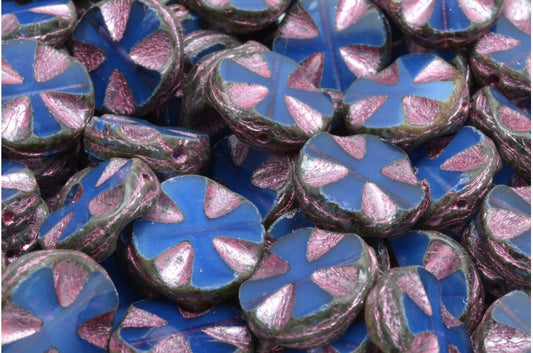 奥特莱斯 10克 台面切割十字珠，14 x 14毫米，蛋白石蓝色石灰华粉色内衬 (31010-86800-54321)，玻璃，捷克共和国