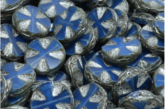 アウトレット 10グラム テーブルカットクロスビーズ、14 x 14 mm、オパールブルートラバーチンシルバーライン（31010-86800-54301）、ガラス、チェコ共和国