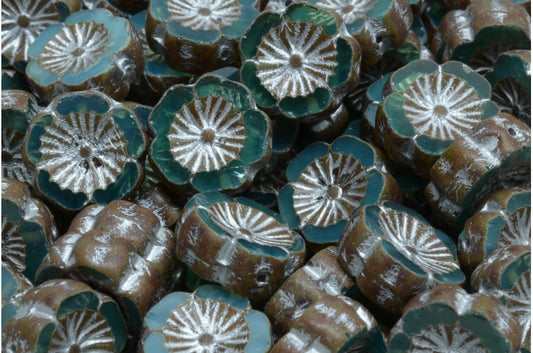 アウトレット 10グラム テーブルカットハワイフラワービーズ、14 x 14 mm、オパールグリーントラバーチンシルバーライニング（51010-86800-54301）、ガラス、チェコ共和国