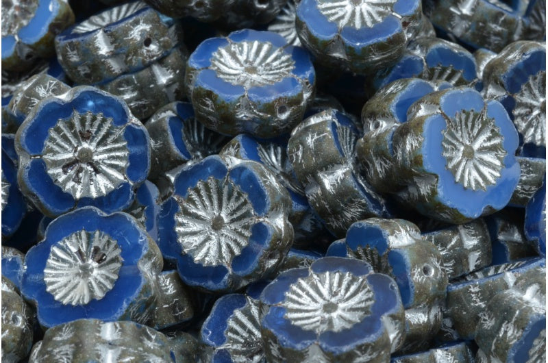 アウトレット 10グラム テーブルカットハワイフラワービーズ、14 x 14 mm、オパールブルートラバーチンシルバーライニング（31010-86800-54301）、ガラス、チェコ共和国