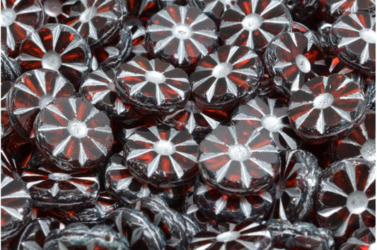 Table Cut Polished Sunflower Beads, Transparent Red Travertin Silver Lined (90060-86800-54301), Glass, Czech Republic