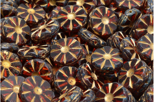Table Cut Polished Sunflower Beads, Transparent Red Travertin Gold Lined (90060-86800-54302), Glass, Czech Republic