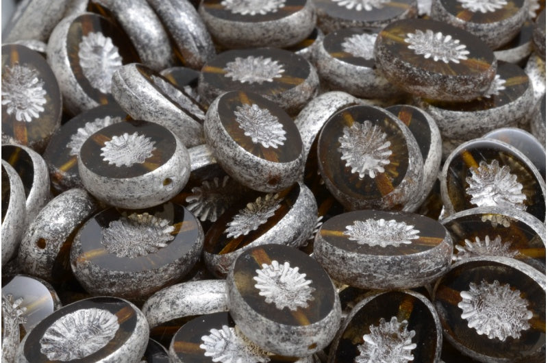 OUTLET 10 grams Table Cut Kiwi Beads, 14 x 10 mm, Transparent Gray Antique Silver Patina (40030-81002), Glass, Czech Republic