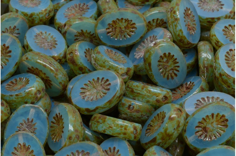 Table Cut Kiwi Beads, Opal Aqua Travertin (61000-86800), Glass, Czech Republic