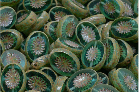 Table Cut Kiwi Beads, Transparent Aqua Travertin (60120-86800), Glass, Czech Republic
