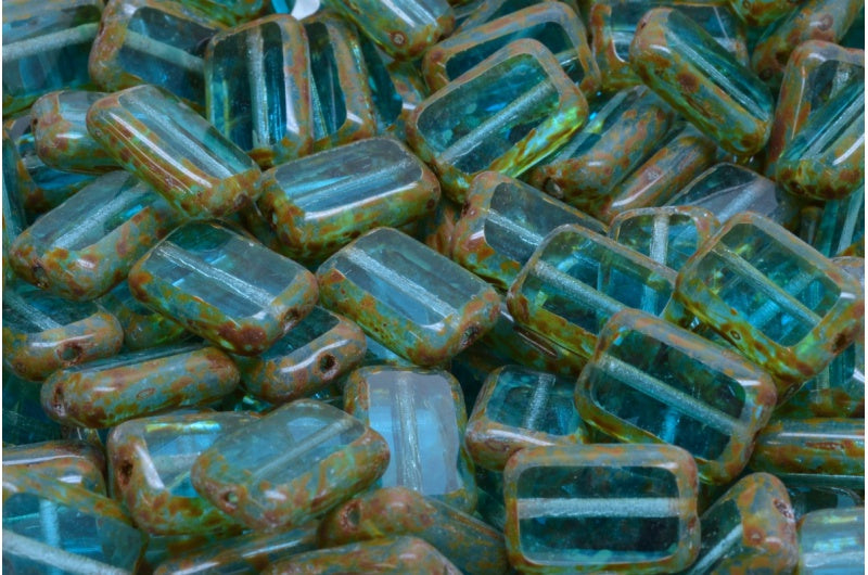 Table Cut Rectangle Beads, Transparent Aqua Travertin (60020-86800), Glass, Czech Republic