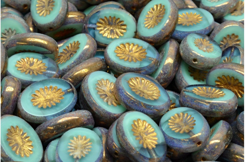 Table Cut Kiwi Beads, Copper Lined Transparent Aqua Bronze Gold Lined (54200-60000-14415-54202), Glass, Czech Republic