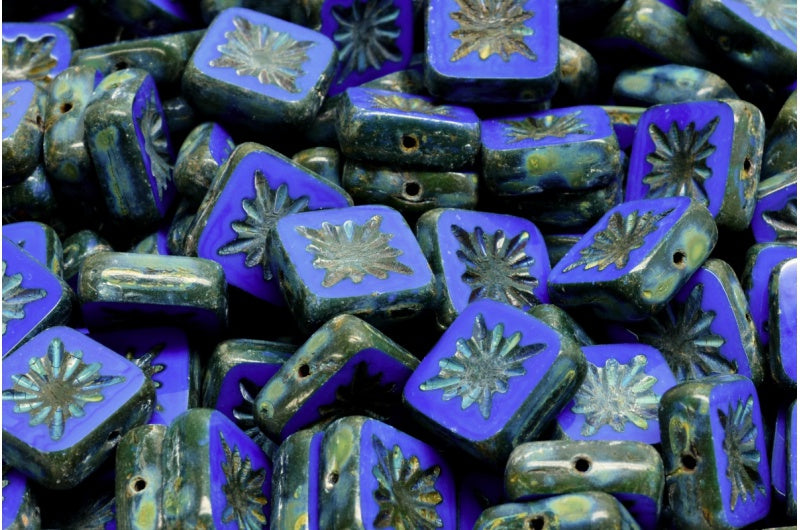 OUTLET 10 grams Table Cut Square Kiwi Beads, 10 x 10 mm, Opaque Blue Travertin (33050-86800), Glass, Czech Republic