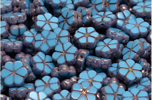 Table Cut Garland Flower Beads, Turquoise Blue Bronze (63030-14415), Glass, Czech Republic