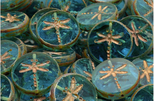 OUTLET 10 grams Table Cut Dragonfly Beads, 17 x 17 mm, Transparent Aqua Travertin Gold Lined (60020-86800-54302), Glass, Czech Republic