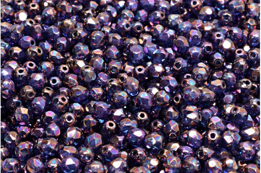 圆形火抛光刻面珠，水晶织女星鸢尾花 (00030-15781)，波西米亚水晶玻璃，捷克共和国