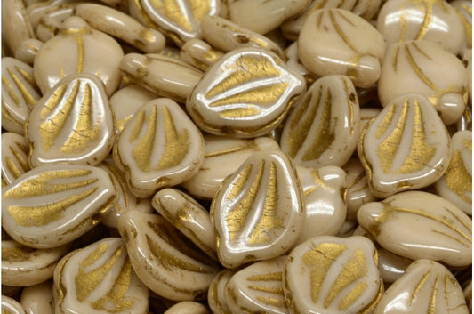 Peony Petal Beads, White Luster Brown Full Coated Gold Lined (02010-14413-54302), Glass, Czech Republic