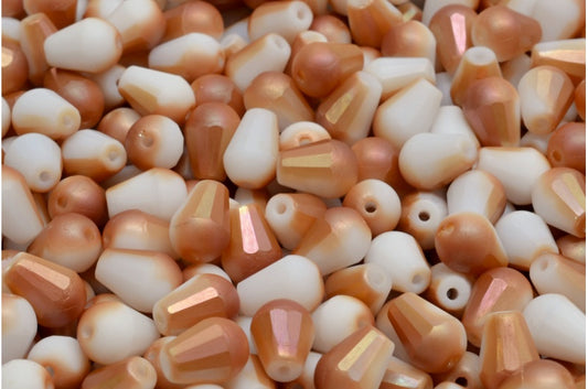 Faceted Fire polished Teardrop Beads, Chalk White Matte Apricot Coatings (03000-84100-29121), Glass, Czech Republic