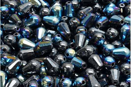 Faceted Fire polished Teardrop Beads, Black Hematite Ab (23980-14400-28701), Glass, Czech Republic