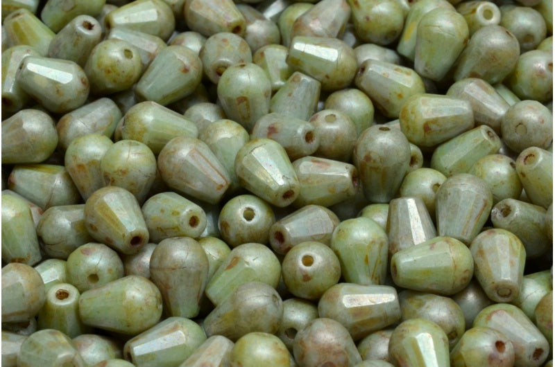 Faceted Fire polished Teardrop Beads, Chalk White Matte Stain With Luster Green (03000-84100-65455), Glass, Czech Republic