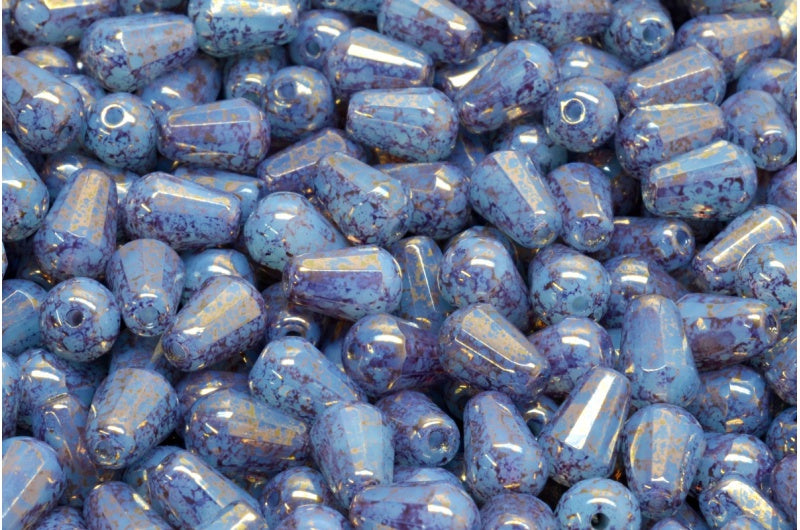 ファセット加工のファイアポリッシュ仕上げのティアドロップビーズ、オパールアクアテラコッタバイオレット（61010-15496）、ガラス、チェコ共和国