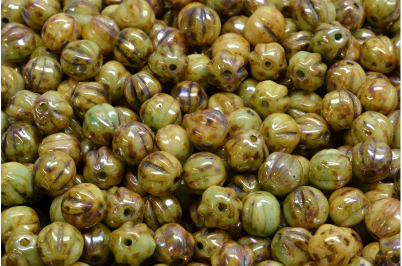 Melon Beads, White Teal Picasso (R2613-43400), Glass, Czech Republic