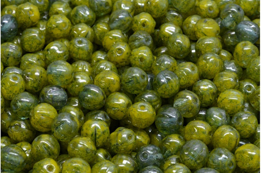 Melon Beads, Yellow Terracotta Blue (R0812-15464), Glass, Czech Republic