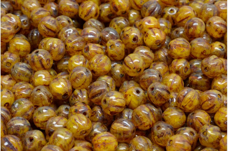 Melon Beads, Yellow Travertin (R0812-86800), Glass, Czech Republic